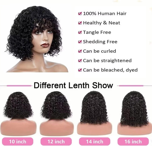 Short Bob Curly Human Hair Wigs With Bangs 100% Brazilian Real Human