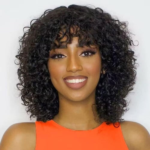 Short Bob Curly Human Hair Wigs With Bangs 100% Brazilian Real Human
