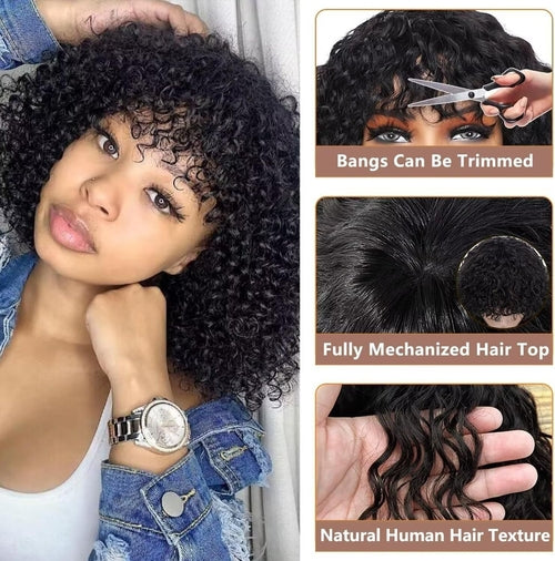Short Bob Curly Human Hair Wigs With Bangs 100% Brazilian Real Human