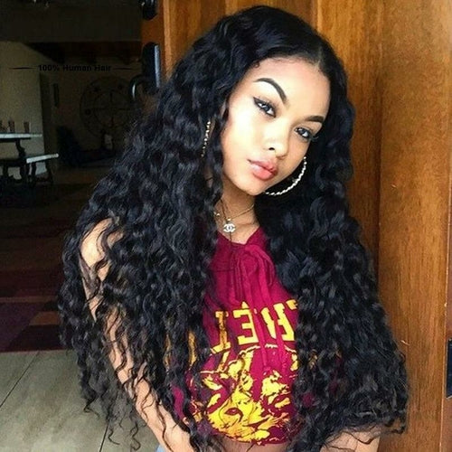 Fashion Natural Soft Black Curly Wavy Long Cheap Wigs with Baby Hair